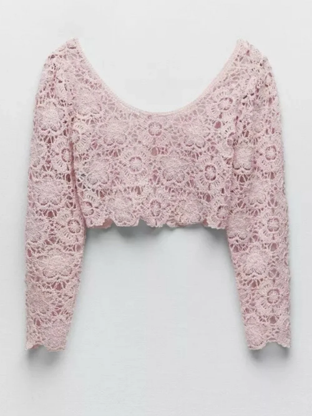 Zara Pastel Baby Pink Cropped Crochet Lace Flower Long-Sleeve Blouse